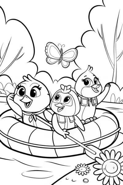 Chickens in a Raft Adventure Coloring Page