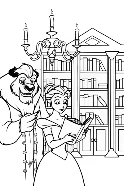 Belle and the Beast’s Magical Library Coloring Page
