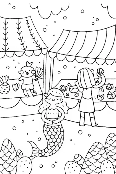 Mystical Mermaid Market Coloring Page