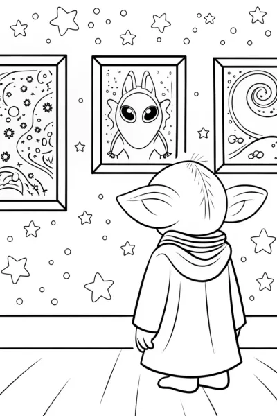 Baby Yoda’s Cosmic Art Gallery Coloring Page