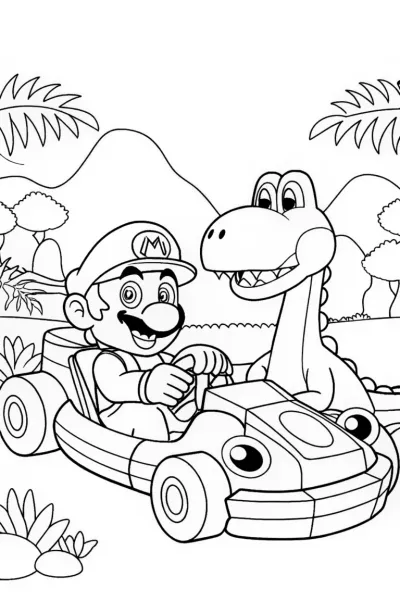 Mario and Yoshi Dino Kart Adventure Coloring Page