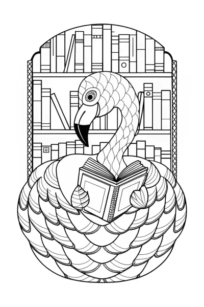 Flamingo librarian reading a book