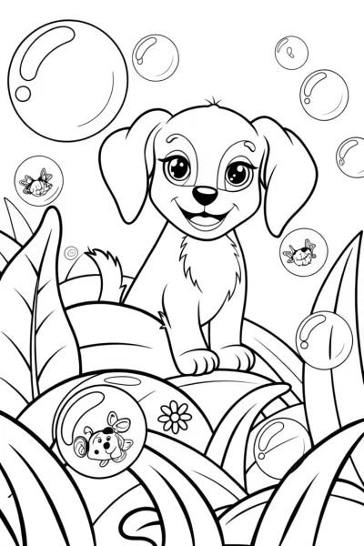 Puppy Explorer in a Bubble Forest Coloring Page