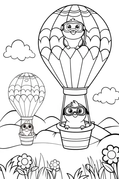 Chickens on a Hot Air Balloon Adventure Coloring Page