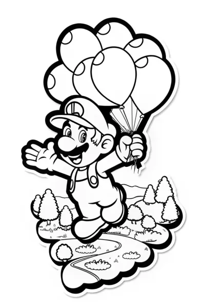 Luigi’s Sky-High Balloon Journey Coloring Page