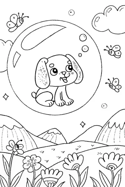 Puppy in a Bubble Adventure Coloring Page