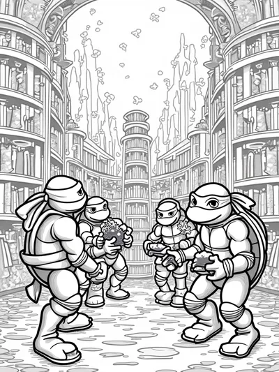 Turtles exploring a magical library
