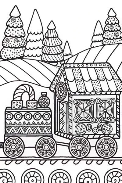 Gingerbread House on a Candy Train Coloring Page
