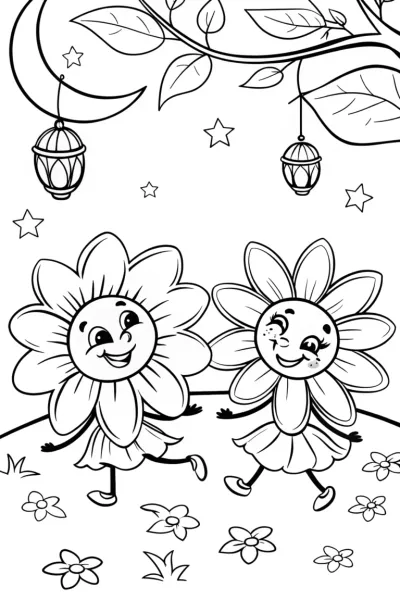 Flower Friends at a Moonlit Garden Coloring Page