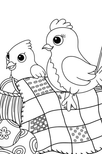 Chickens sewing a magical quilt