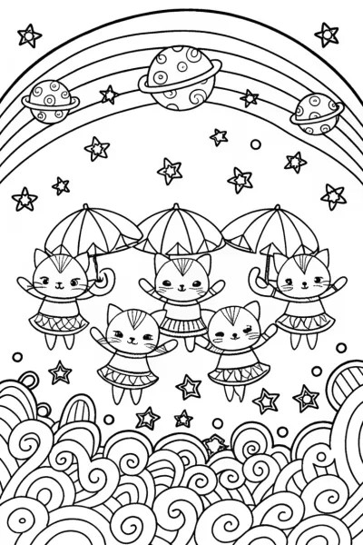 Celestial Cat Parade Coloring Page