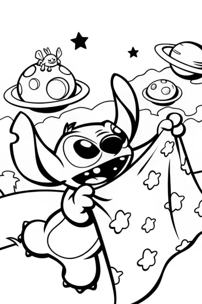Stitch’s Intergalactic Quilt Adventure Coloring Page