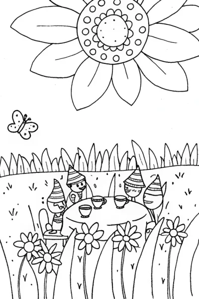 Whimsical Flower Tea Party Coloring Page