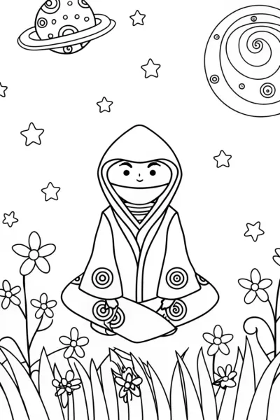 Ninja in a Cosmic Garden Coloring Page