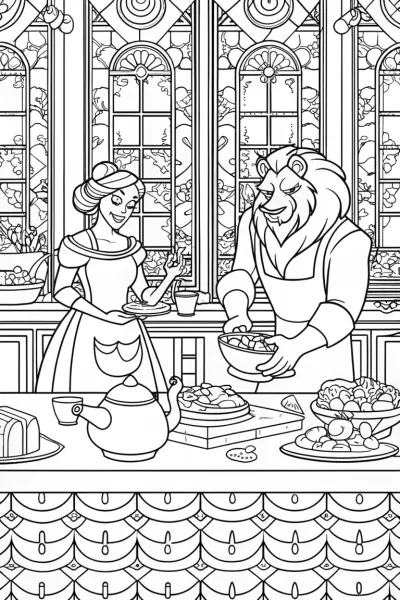 Belle and the Beast’s Enchanted Feast Coloring Page
