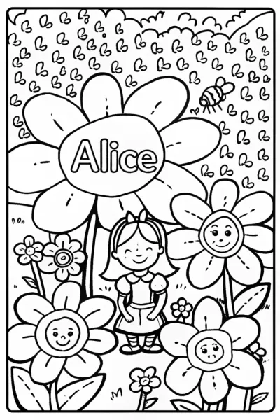Alice’s Whimsical Word Garden Coloring Page
