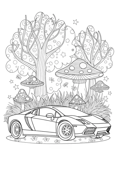 Lamborghini in the Enchanted Forest Coloring Page