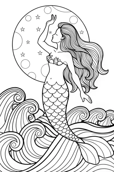 Mermaid and the Moonlit Ocean Dance Coloring Page