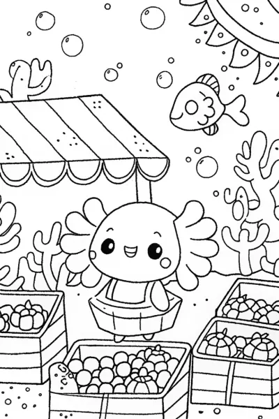 Axolotl’s Enchanted Market Coloring Page