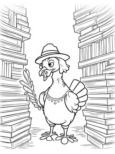 Turkey exploring a magical library