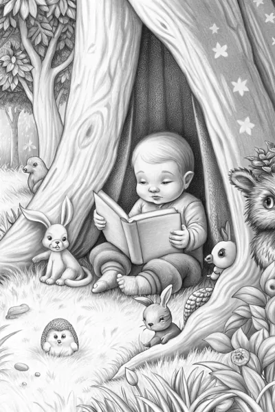 Baby reading with forest friends