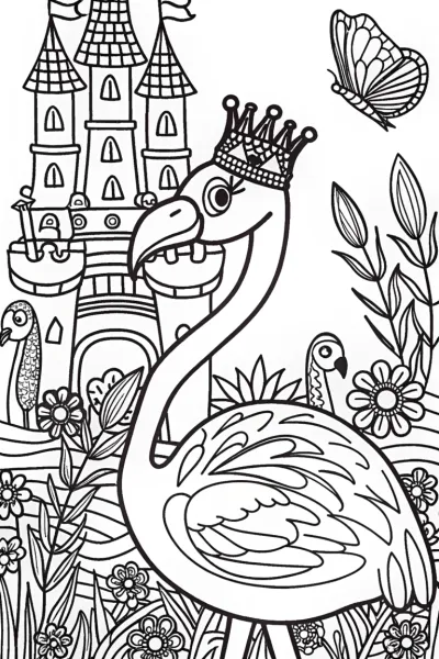 Flamingo Fairytale Castle Adventure Coloring Page