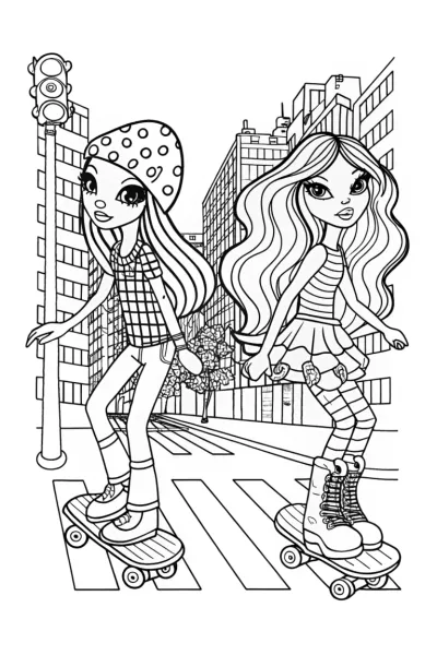 Bratz dolls skateboarding in the city