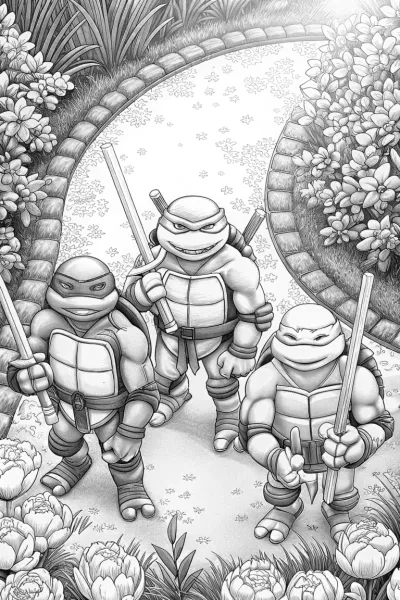 Teenage Mutant Ninja Turtles in a garden
