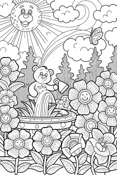 Care Bears in the Enchanted Flower Garden Coloring Page