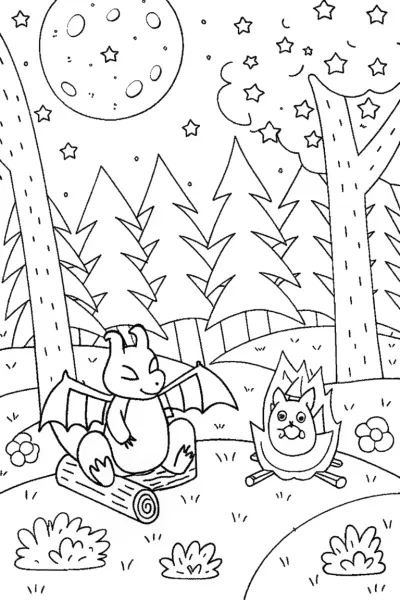 Charizard’s Cozy Campfire Night Coloring Page
