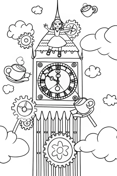 Alice in the Enchanted Tea Clock Coloring Page