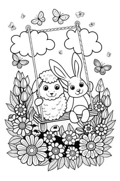 Fluffy Friends on a Swing Coloring Page