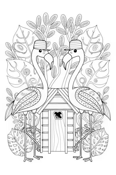 Flamingo Carpenters in the Forest Coloring Page