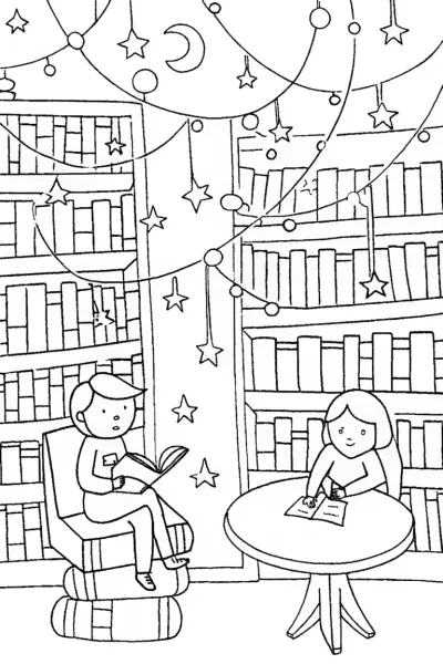Rainbow High Students in a Magical Library Coloring Page