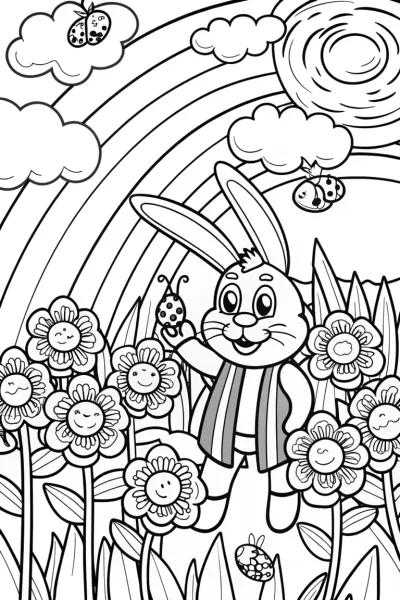 Rainbow Bunny in a Magical Garden Coloring Page