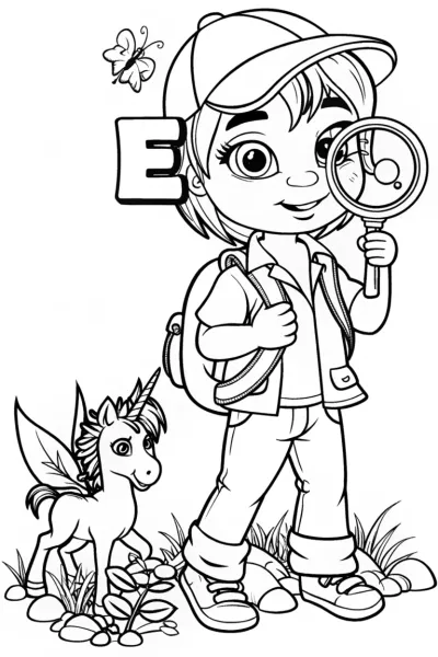 E Explores the Enchanted Forest Coloring Page