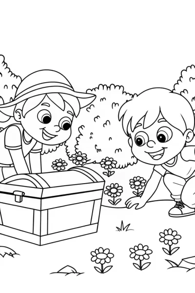 Kids discovering treasures in a garden