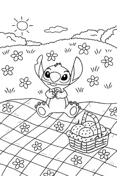 Stitch’s Cozy Patchwork Picnic Coloring Page