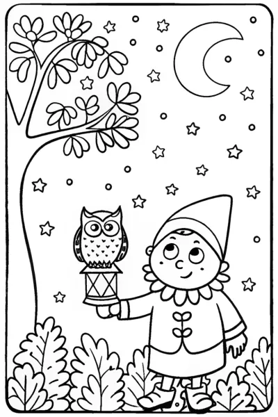 Nibbles the Gnome’s Starry Night Coloring Page