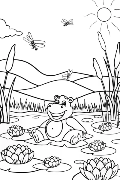 A Hippo’s Day at the Riverbank Coloring Page