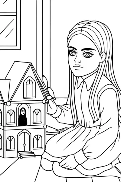 Wednesday Addams crafting a dollhouse