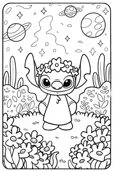 Stitch’s Galactic Garden Party Coloring Page