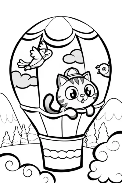 The Cat’s Hot Air Balloon Adventure Coloring Page