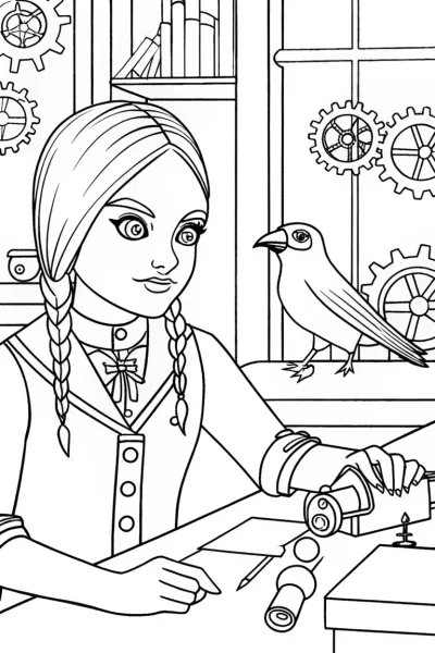 Wednesday Addams examining a raven