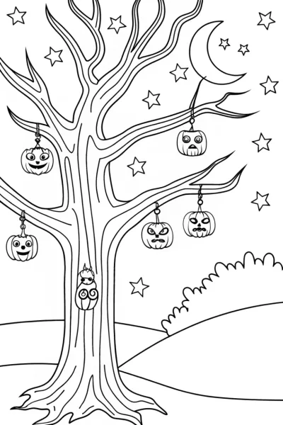Whimsical Halloween Tree Coloring Page
