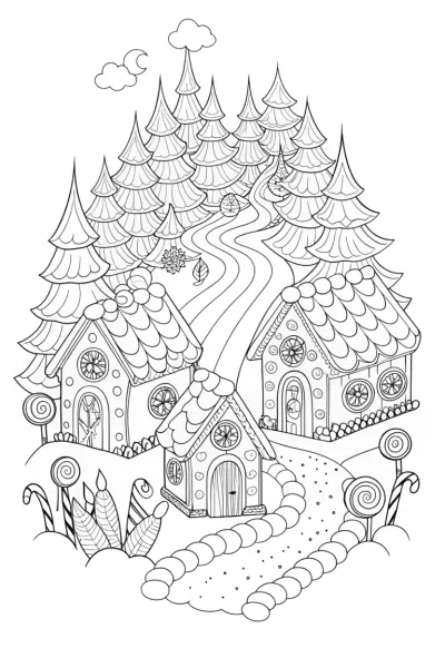 Gingerbread House Fantasy Forest Coloring Page