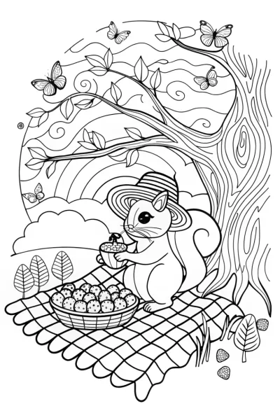 Sunset Squirrel’s Summer Feast Coloring Page