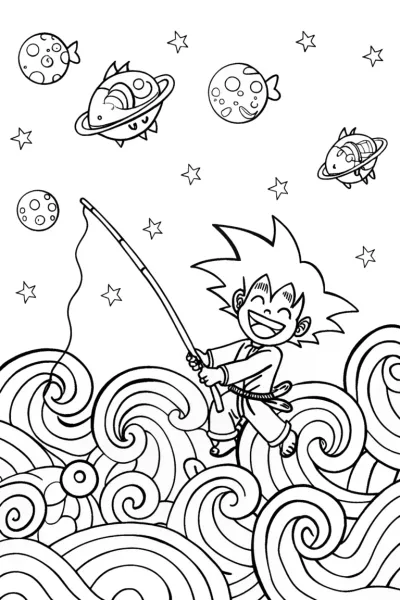 Goku’s Galactic Fishing Expedition Coloring Page