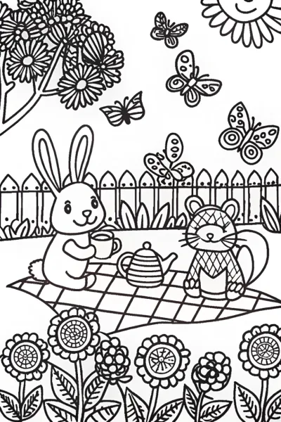 Whimsical Garden Tea Party with Bunny and Squirrel