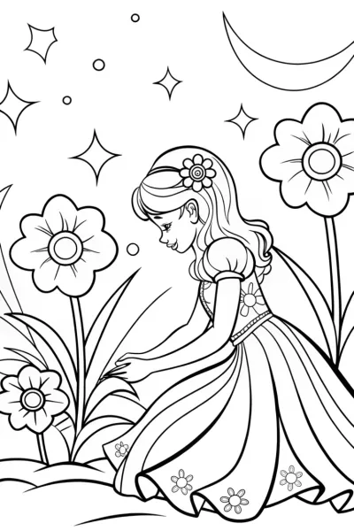 The Princess and the Starlit Garden Coloring Page